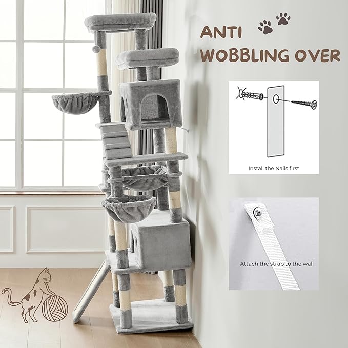 Cat Tree, 80-Inch Large Cat Tower with 9 Scratching Posts, 2 Perches, 2 Caves, 2 Basket, 2 Stairs, Extra Large Hammock, Pompoms, Multi-Level Plush Cat Condo for Indoor Cats/Light Grey-Mewly Pet