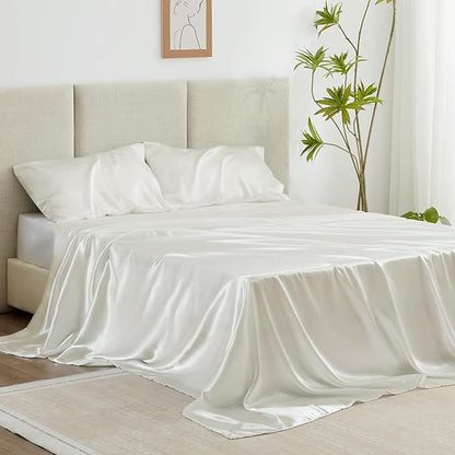 Love's cabin Satin Queen Sheets Set - 4 Piece Ivory Silky Bed Sheets with Deep Pocket, Luxury Silk Feel Satin Queen Size Sheet Set (1 Flat Sheet,1 Fitted Sheet,2 Pillow Cases)