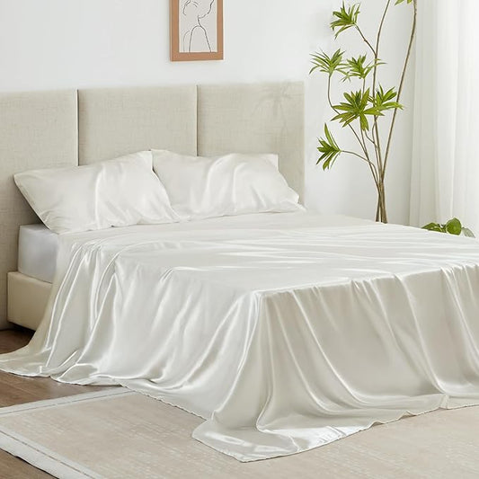 Love's cabin Satin Queen Sheets Set - 4 Piece Ivory Silky Bed Sheets with Deep Pocket, Luxury Silk Feel Satin Queen Size Sheet Set (1 Flat Sheet,1 Fitted Sheet,2 Pillow Cases)