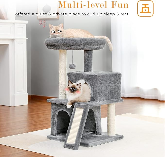 PAWZ Road 34 Inches Cat Tree Multilevel Cat Tower with Double Condos, Spacious Perch, Fully Wrapped Scratching Sisal Post and Replaceable Dangling Balls Gray-Mewly Pet