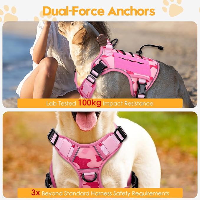 Heavy-Duty Tactical Dog Harness for Large Dogs, No Pull Adjustable Reflective Pet Vest with Molle System, K9 Military-Grade Control for Service Training, Outdoor & 10+ Breeds, Pink Camo, Large-Mewly Pet