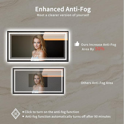Bathroom Mirrors with Lights, 55x28 Inch Black Framed Gradient Front and Backlit LED Vanity Mirror, 3 Colors Dimmable CRI>90, IP54 Enhanced Anti-Fog Smart Mirror