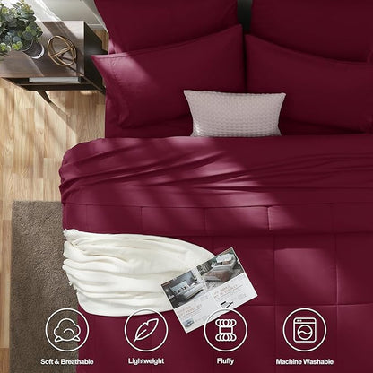 CozyLux Queen Comforter Set Burgundy, 7 Pieces Bed in a Bag, Red Comforter Queen Size, All Season Bedding Sets with Stitch Quilted Comforter, Flat Sheet, Fitted Sheet, Pillowcases