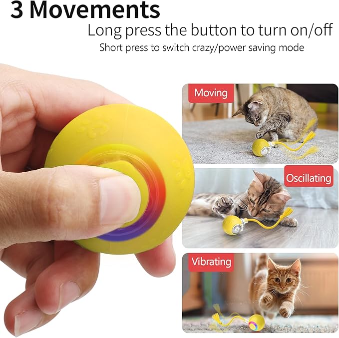 Interactive Cat Toys, Automatic Moving Cat Toys for Bored Indoor Adult Cats, Fast Rolling, Chirping & Motion-Activated Kitty Toys, Fun Gift for Cats with Speedy Tail 2.0, USB Rechargeable, Yellow-Mewly Pet