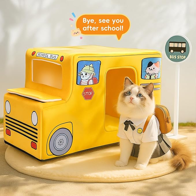 Cute Cat Beds Kitten Beds, Soft Small Dog Beds, Washable Pet Beds for Puppy and Kitty, Funny School Bus Cat Cave, 23 Inches-Mewly Pet