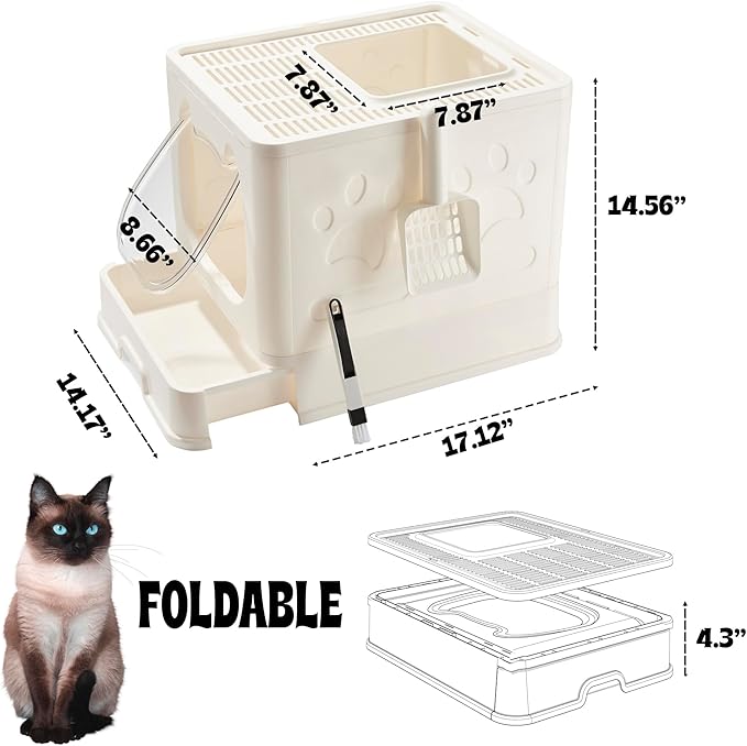 Gefryco Foldable Cat Litter Box with Lid,Covered Litter Box for Small and Medium Cats, Enclosed Cat Potty with Scoop and Brush, Top Entry Cute Kitten Litter Tray with Drawer and Top Cover(White)-Mewly Pet