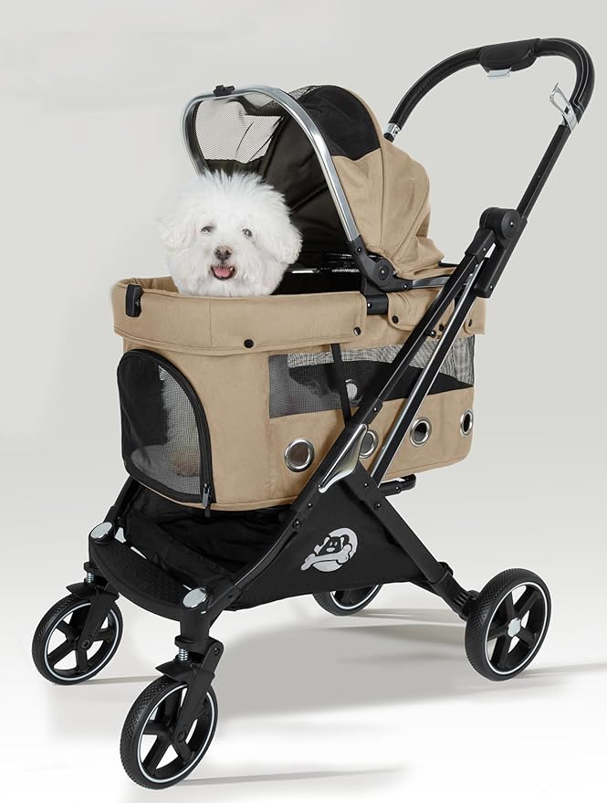 JK Pawadore 4 Wheels Pet Stroller Best Lightweight Foldable Portable Secure Easy Lock NO-Zip 180 ̊ Canopy Sun Shades Waterproof for Small/Medium Dogs 33lbs with Large Storage Basket (Khaki)-Mewly Pet