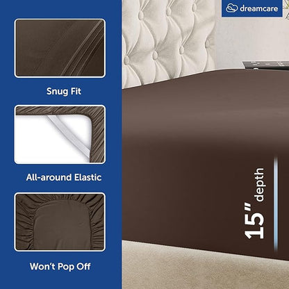 DREAMCARE King Size Sheets Set - Cooling Bed Sheets - 4pcs Set - up to 15" Deep Pocket King Sheet Set – Soft & Long Lasting Cooling - 100% Fine Brushed Microfiber with Side Pocket - Mocha Brown