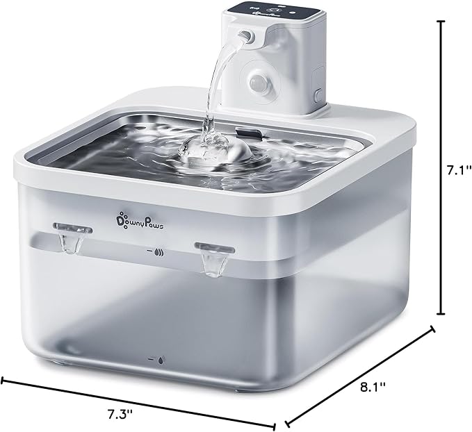 DownyPaws Battery Operated Cat Water Fountain Stainless Steel, 84oz/2.5L Fursink Wireless Pet Water Fountain for Cats Inside, Automatic Dog Water Dispenser with Faucet, Quiet Pump, BPA-Free, White-Mewly Pet