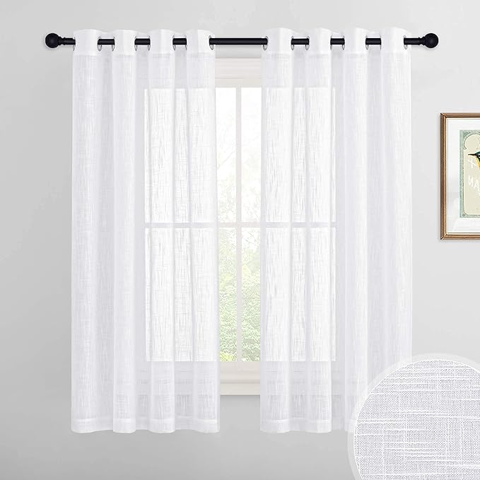 RYB HOME Sheer Curtains 63 inch Length 2 Panels - Linen Textured Fabric Semi Transparent Light Filtering Curtains for Living Room Bedroom Office Bathroom, Width 52 x Length 63 inches, 2 Panels