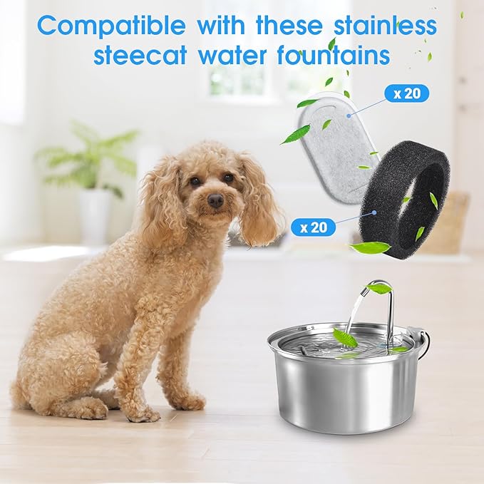 40 Pack Cat Water Fountain Filters-Cat Fountain Replacement Filters for Stainless Steel 108/3.2L& 67oz/2L Adjustable Water Flow Pet Water Fountain(20 Pack Pet Water Filter Refills+20 Pack Sponges)-Mewly Pet