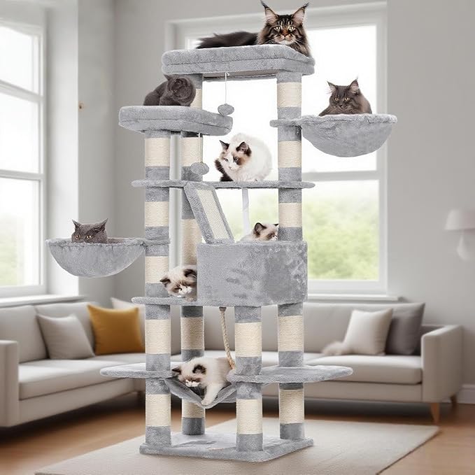 Heybly Cat Tree, 68 inch Multi-Level Cat Tower for Indoor Cats, 2 Widened Plush Perches Cat Condo with Scratching Board and Big Caves, Light Gray HCT025W-Mewly Pet