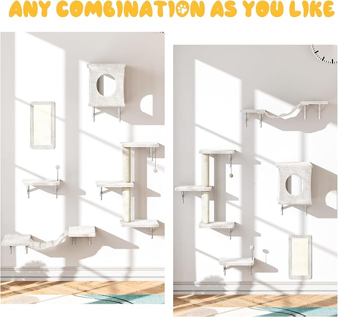 NUNU LAB Cat Wall Shelves, 10-in-1 Wall-Mounted Cat Furniture Set, Large Cat Climber Set with House, Bridge, Steps, Scratcher, DIY Playground, Shelves for Indoor Wall Furniture Set - Beige