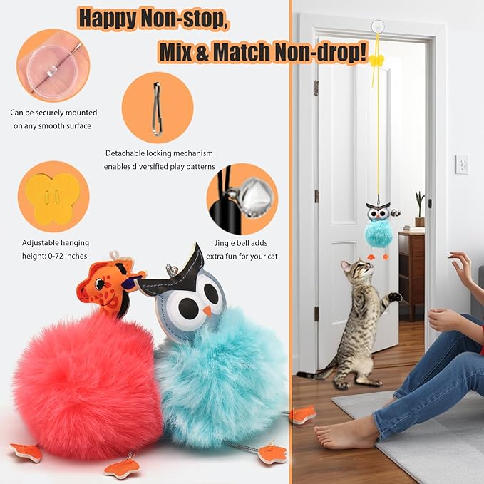 4-in-1 Interactive Cat Toys Set with Suction Cup Wand, Hanging Cat Toys, Fishing Pole Cat Wand & Kitten Balls- Includes Variety Replaceable Worms, Feathers for Indoor Bored Cats for Exercise-Mewly Pet