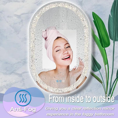 40 x 20 Inch Crystal Oval Vanity Mirror with Lights 3 Color Memory Function Dimmable Antifog 40 Inch Diamond Crystal LED Oval Lighted Mirror for Bathroom Salon Wall Horizontal/Vertical Mount