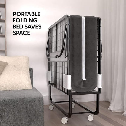 EconoHome Folding Bed with Mattress - 75x38 Twin Size Frame - Portable Rollaway Guest Bed with 5-inch Memory Foam Mattress - Space-Saving Foldable Design for Easy Storage