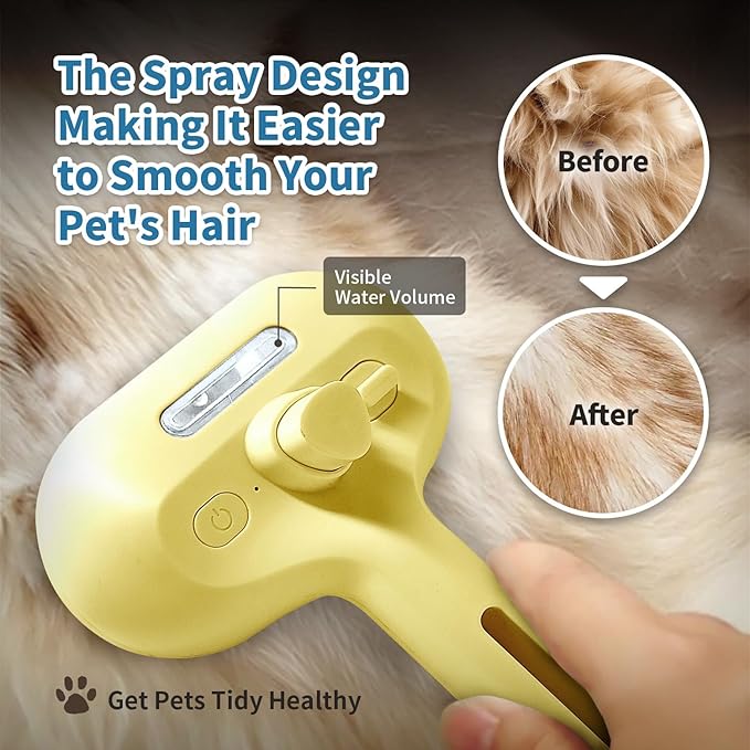 3 In 1 Self-Cleaning Steamy Brush for Pet Grooming - Anti-Static Flying Hair Spray, Removes Loose Hair and Reduces Shedding for Long and Short Fur, Yellow-Mewly Pet