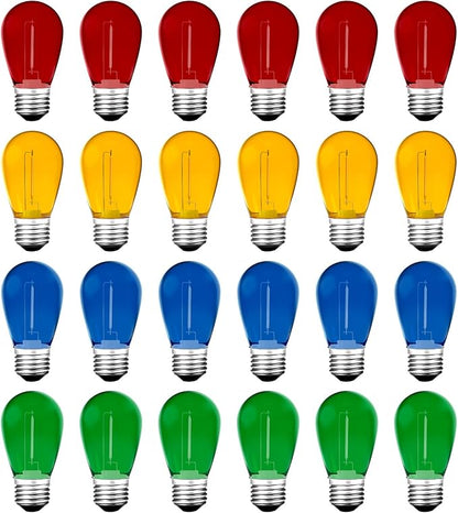 24Pack S14 Colored LED String Light Bulbs,1Watt Plastic Shatterproof Waterproof Outdoor Indoor Replacement Bulbs for Home Decor, E26 Medium Base, Multi-Color: Red/Green/Blue/Orange