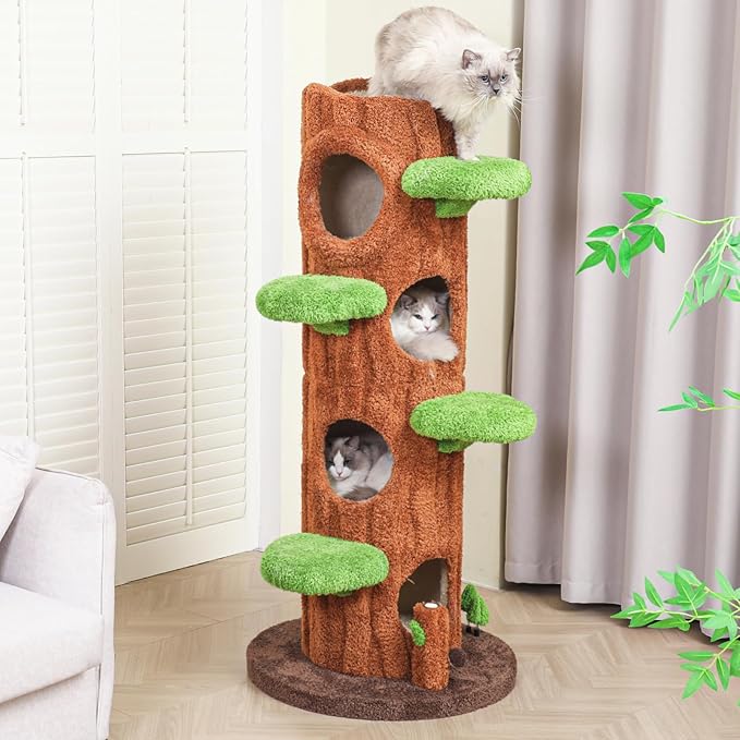 Magic Forest Cat Tree Tower, 62 inches Tall, Real Solid Wood Cat Tree for Multi-Cat Household-Mewly Pet