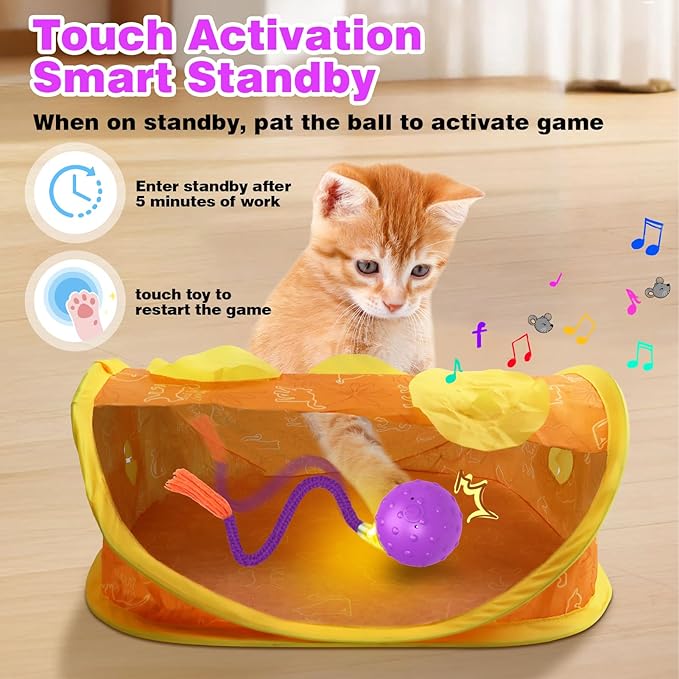 Interactive Cat Toys Mouse Ball, Motion Activated Cat Ball Super Fast in Mice Holes Cat Tent Tunnel-Mewly Pet