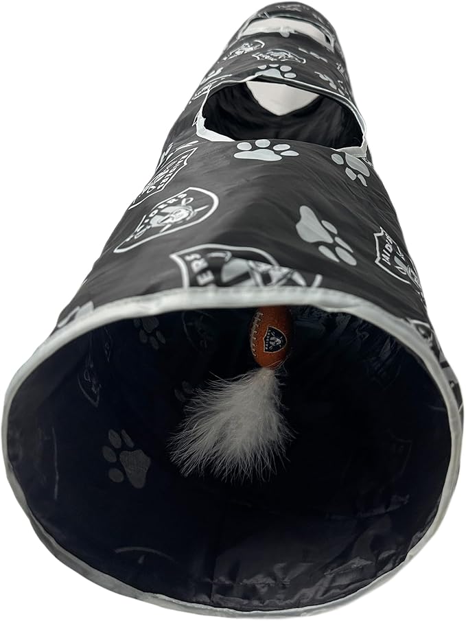 NFL Las Vegas Raiders Cat Tunnel Tube Toy with Plush Football Catnip and Feathers Collapsible Tunnel for Cats to Play, Peek and Hide, Sporty & Fun Cat Tunnel Toy with Team Logo All-Over Design!-Mewly Pet