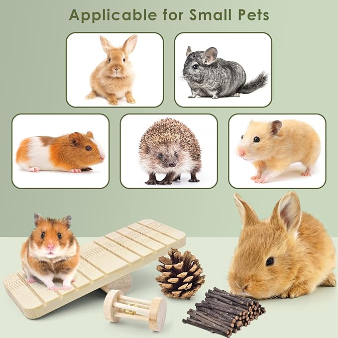 ERKOON New 12 Pack Hamster Chew Toys Gerbil Rat Guinea Pig Chinchilla Chew Toys Accessories, Natural Wooden Dumbbells Exercise Bell Roller Teeth Care Molar Toy for Rabbits Bird Rabbits Hamster Gerbil-Mewly Pet