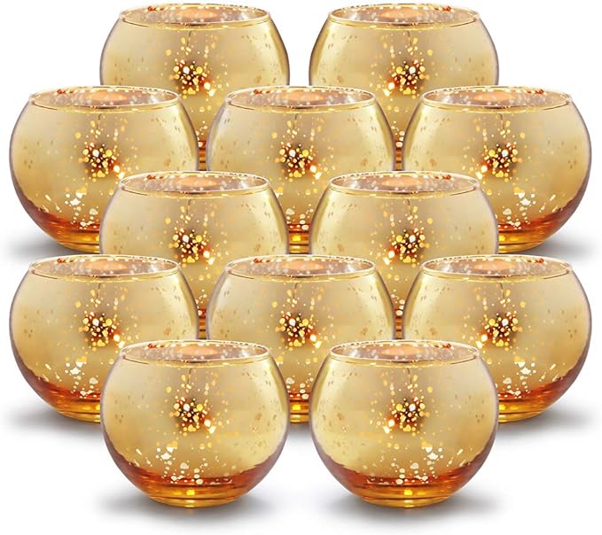 Volens Round Gold Votive Candle Holders, Mercury Glass Candle Holder Set of 12, Thanksgiving Decorations for Home