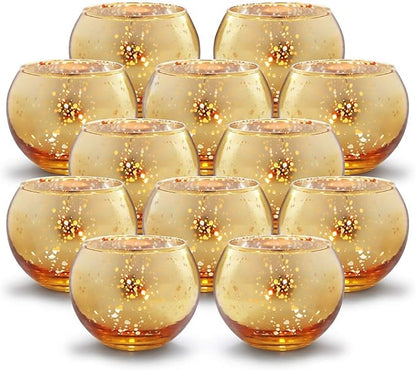 Volens Round Gold Votive Candle Holders, Mercury Glass Candle Holder Set of 12, Thanksgiving Decorations for Home