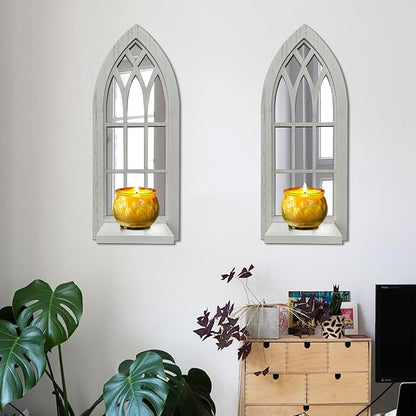 Wood Wall Sconce Candle Holder Set 2, Rustic Candle Sconces, Farmhouse Hanging Wall Décor, Carved Wood Frame, Mirrored Wall Accent