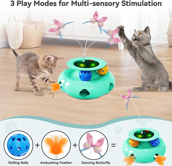 Cat Toys Interactive Rechargeable 3in1 Whack a Mole Cat Toy, Fluttering Butterfly, Track Balls, Touch Activated Automatic Kitten Toys for Indoor Cats-Mewly Pet