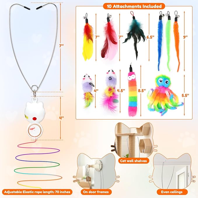 Interactive Cat Toys for Bored Indoor Cats Feather Toys Cat Enrichment for Bored Indoor Adult Cats Kittens-Enhanced with 10 Attachments Mice Rechargeable Auto-Swinging 3in1 Door-Mounted Cat Toy-Mewly Pet