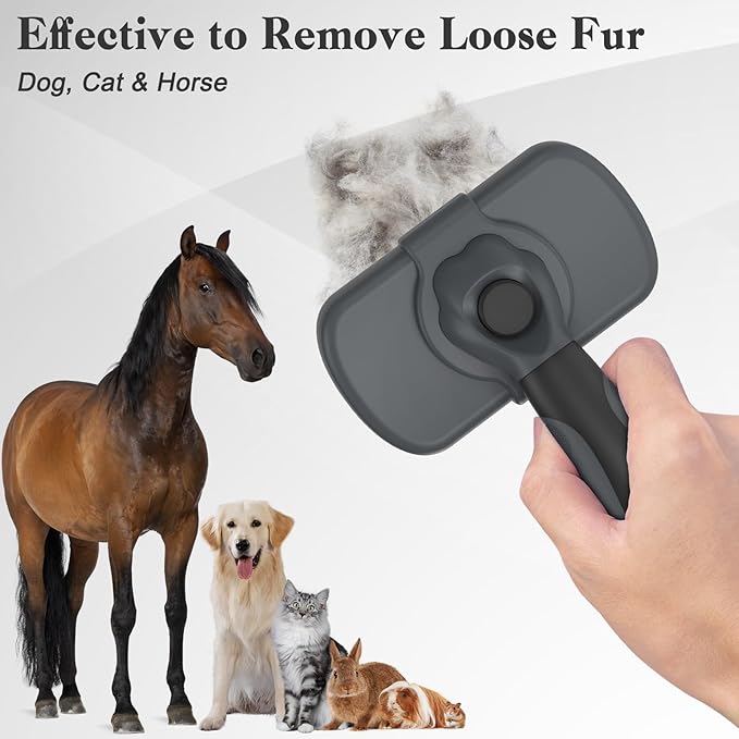 Self-Cleaning Deshedding Brush for Dogs & Cats - Skin-Friendly Grooming Tool with Hair Brush for Long and Short Haired Pets, Grey-Mewly Pet