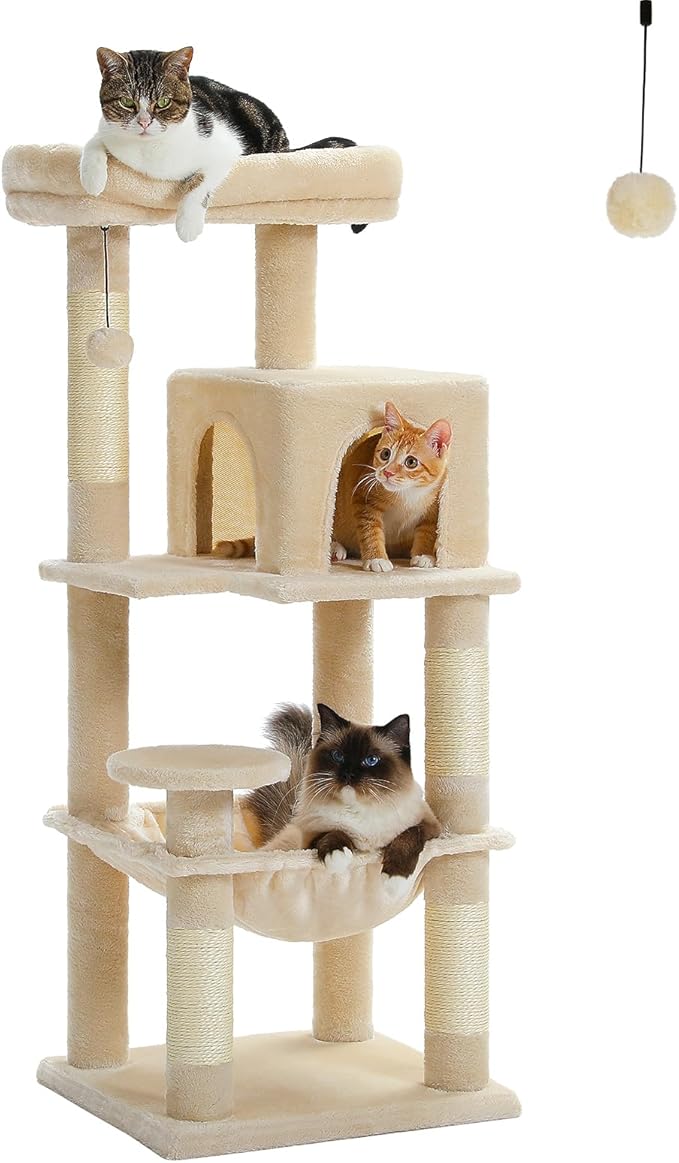 PETEPELA 45.7" Cat Tree for Indoor Cats, 5-Level Cat Tower for Large Cats with Metal Frame Large Hammock (17.3"x15.3"), Cat Condo with (18.5"x13") Big Top Perch & 4 Sisal Covered Scratching Post Beige-Mewly Pet