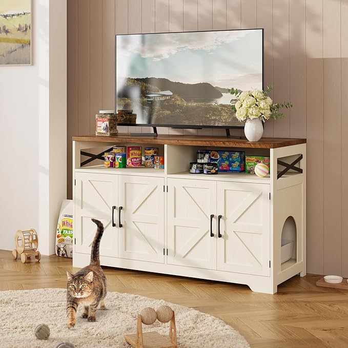 Cat Litter Box Enclosure for 2 Cats, 47" Hidden Litter Box Furniture Cat Washroom with Double Large Room, Farmhouse Indoor Litter Box Cabinet TV Stand, White-Mewly Pet