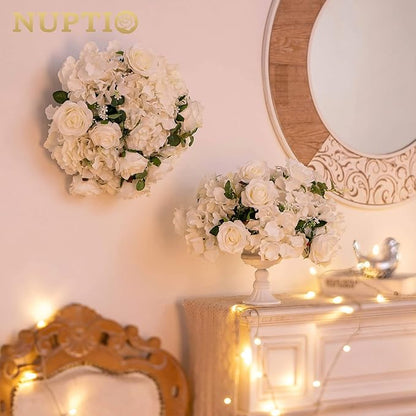 NUPTIO Flower Balls for Wedding Centerpieces - 2 Pcs 14.2 inch Diameter Fake Flower Ball Arrangement Bouquet Party Centerpieces for Tables - White Rose Bouquet Centerpiece Flowers for Wedding Table