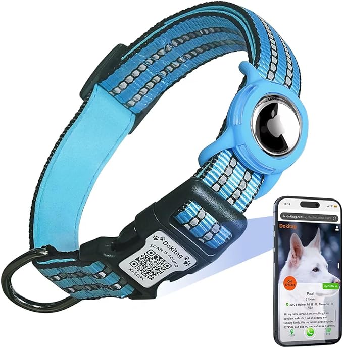 Reflective Dog Collar with Apple AirTag Holder & QR Code Pet ID Tag,Soft Nylon Adjustable Dog Tracker Collar with Safety Lock for Large Dogs(Blue, L（16"-26"）)-Mewly Pet