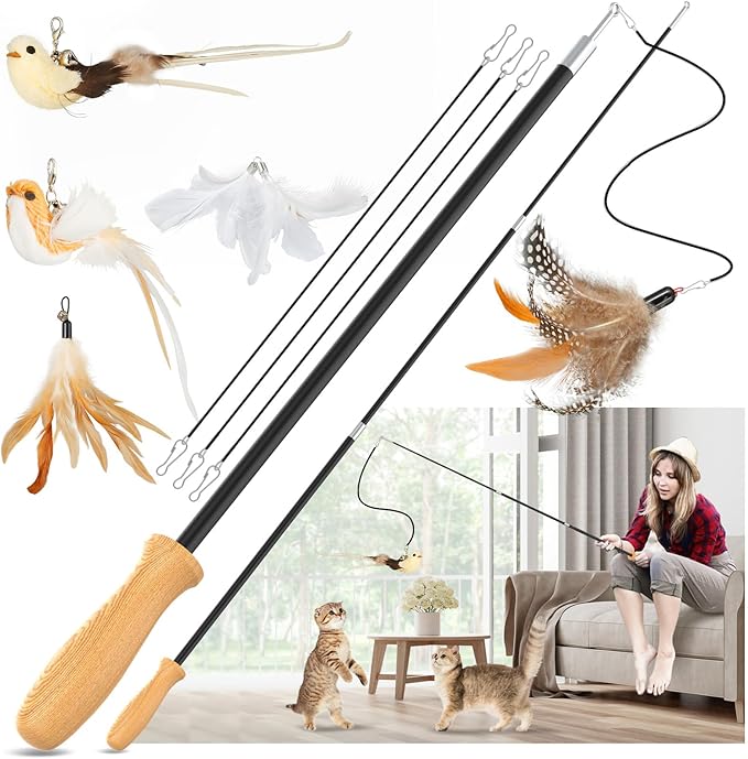 ROSAUI Cat Teaser Wand Toys, Interactive Bird Toys for Indoor Kittens, 42.15’’ Long Cat Fishing Pole Toys, 2Pcs Wires and 5Pcs Natural Refills, Sustainable Wooden Handles, Exercising, Playing-Mewly Pet