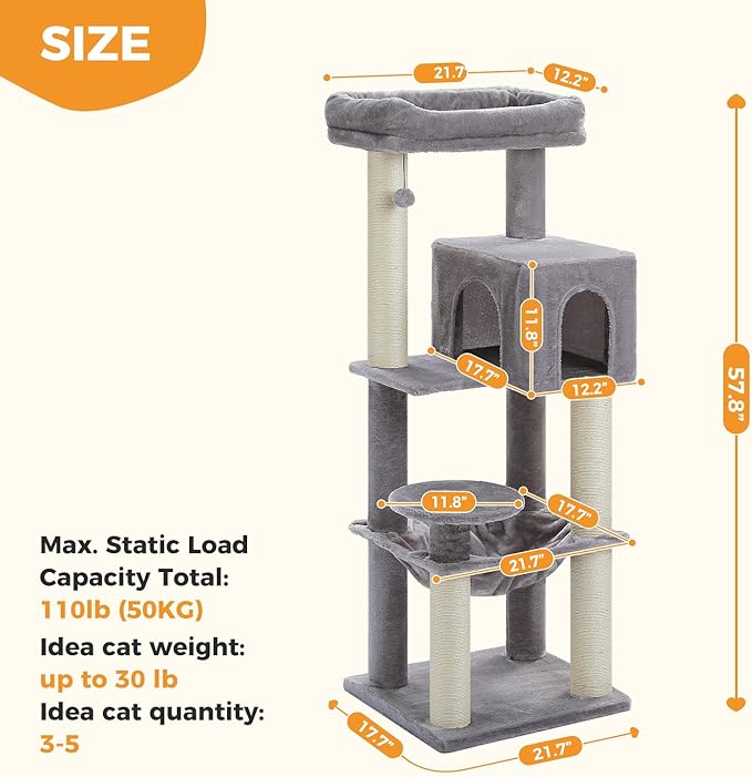 Large Cat Tree with Reinforced Scratching Posts (φ3.1in) for Big Adult Cats 30 lbs, 57.8" Heavy Duty Cat Tower with Larger Hammock and Condo, Cat Furniture for Maine Coon, Plush,Grey-Mewly Pet