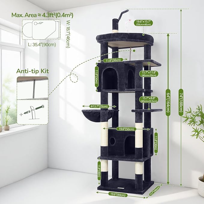 Globlazer Large Cat Tree Tower, Tall Cat Tree Condos for Indoor Cats Large Adult Cat Climbing Tower with 2 Spacious Caves, Oversized Top Perch, Big Hanging Basket, Cat Teaser Wand, F74B, Dark Grey-Mewly Pet