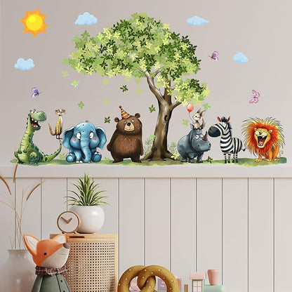 Jungle Animal Wall Stickers Forest Safari Wall Decals Kid Room Nursery Baby Bedroom Décor (Tree Cartoon Animals)