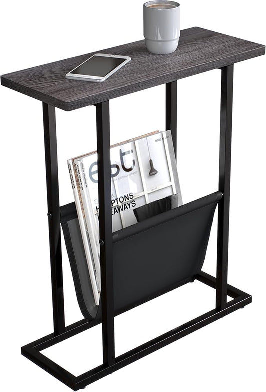 Yusong Narrow Side Table for Small Spaces, Small End Table with Magazine Holder, Skinny Slim Little Thin Table for Living Room, Bedroom, Sofa, Grey Oak