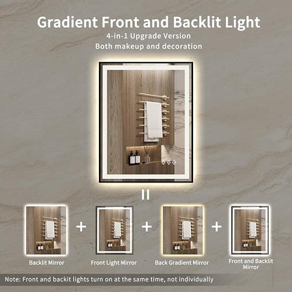LED Bathroom Mirror, 28x36 Inch Black Framed Gradient Front and Backlit Bathroom Mirror with Lights, 3 Colors Dimmable CRI>90, Enhanced Anti-Fog Wall Mounted LED Mirror for Bathroom