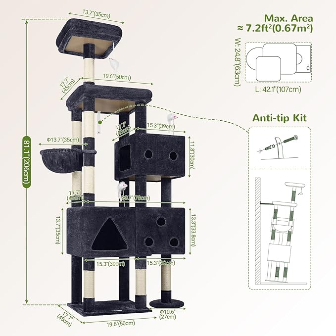Globlazer Extra Large Cat Tower, 81-inch Tall Cat Tree for Big Cats 20 lbs, XXL Heavy Duty Cat Scratching Tower for Indoor Adult Cats with 3 Cat Condos, 8 Scratching Posts, F81, Dark Grey-Mewly Pet