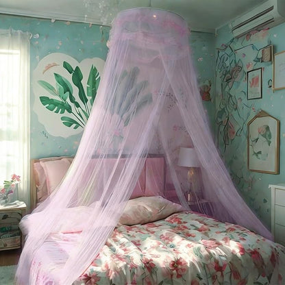 Eimilaly Lace Bed Canopy Mosquito Netting with Warm Lights, Princess Bed Canopy for Girls Room Decor, Purple/Single Door