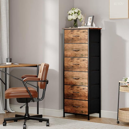 Somdot Tall Dresser for Bedroom with 6 Drawers, Storage Organizer Chest of Drawers with Removable Fabric Bins for Closet Bedside Living Room Laundry Entryway Hallway, Wood Grain Print