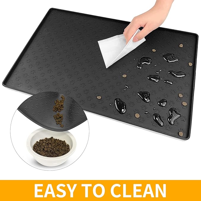 Ptlom Pet Placemat for Dog and Cat, Mat for Prevent Food and Water Overflow, Suitable for Small, Medium and Big Pet,24.5" 16.5", Black-Mewly Pet