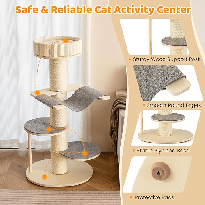 Tangkula Wood Cat Tree, 47 Inch Multi-Layer Cat Tower with 5.7” Thicker Sisal Covered Scratching Posts & Carpet, Padded Top Perch, 2 Jumping Platforms, Hammock, Modern Cat Tree Tower for Indoor Cats-Mewly Pet