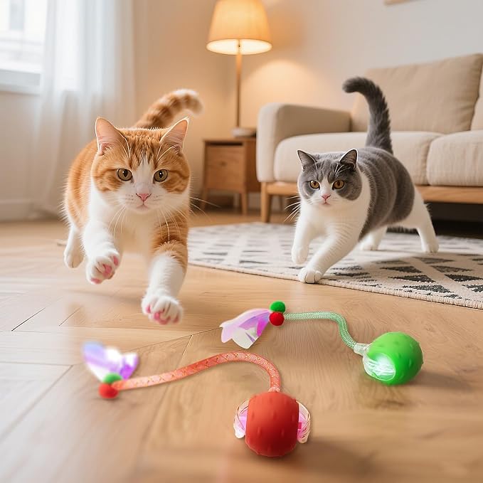 Red & Green Interactive Cat Toy Ball Combo – Automatic Agile Moving Cats Toys with 4 Tail Accessories, Bird Chirping & Motion Activated, Kitten Balls for Multi-Cat Households-Mewly Pet