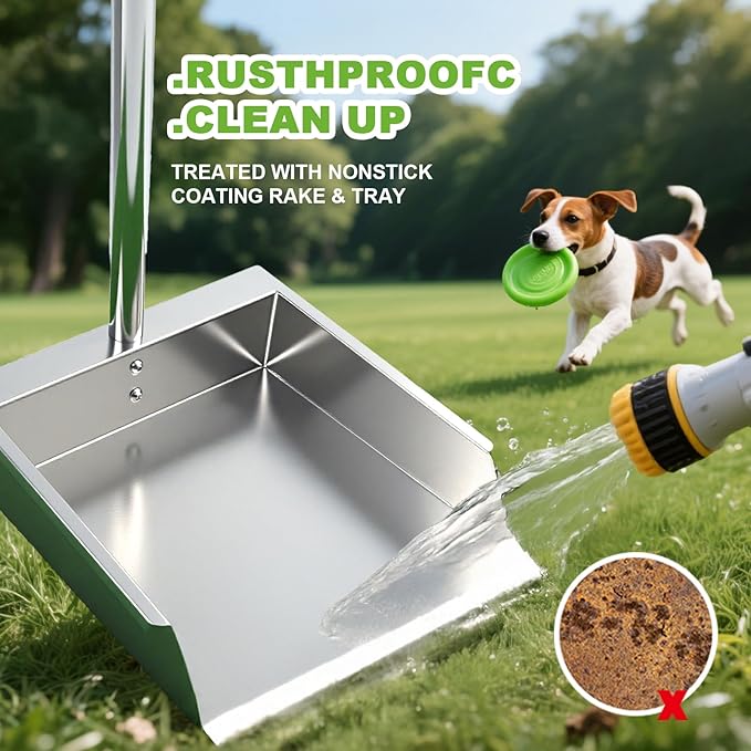 Heavy Duty Metal Pooper Scooper, Dog Pooper Scooper for Large Medium Dogs Long Handle Stainless Tray and Rake Set，Extremely Durable Metal Stainless Steel Dustpan for Indoor Outdoor Cleaning 。-Mewly Pet