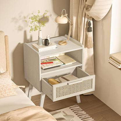 Lerliuo Rattan Nightstands Set of 2, Side Table with Drawer Open Shelf, Cane Accent Bedside End Table, Mid Century Modern Night Stand for Bedroom, Dorm and Small Spaces (Grey White)
